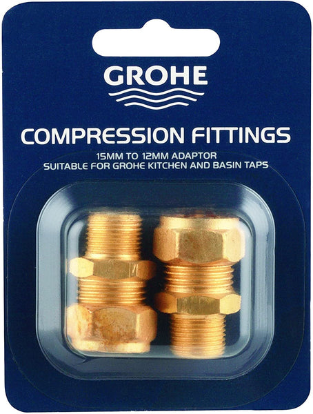 GROHE UK Tap Adaptors - Pair Of 15mm To 3/8 Inch Brass Connectors For Kitchen & Bathroom